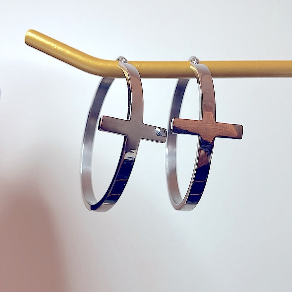 Silver cross hoop earrings lever back